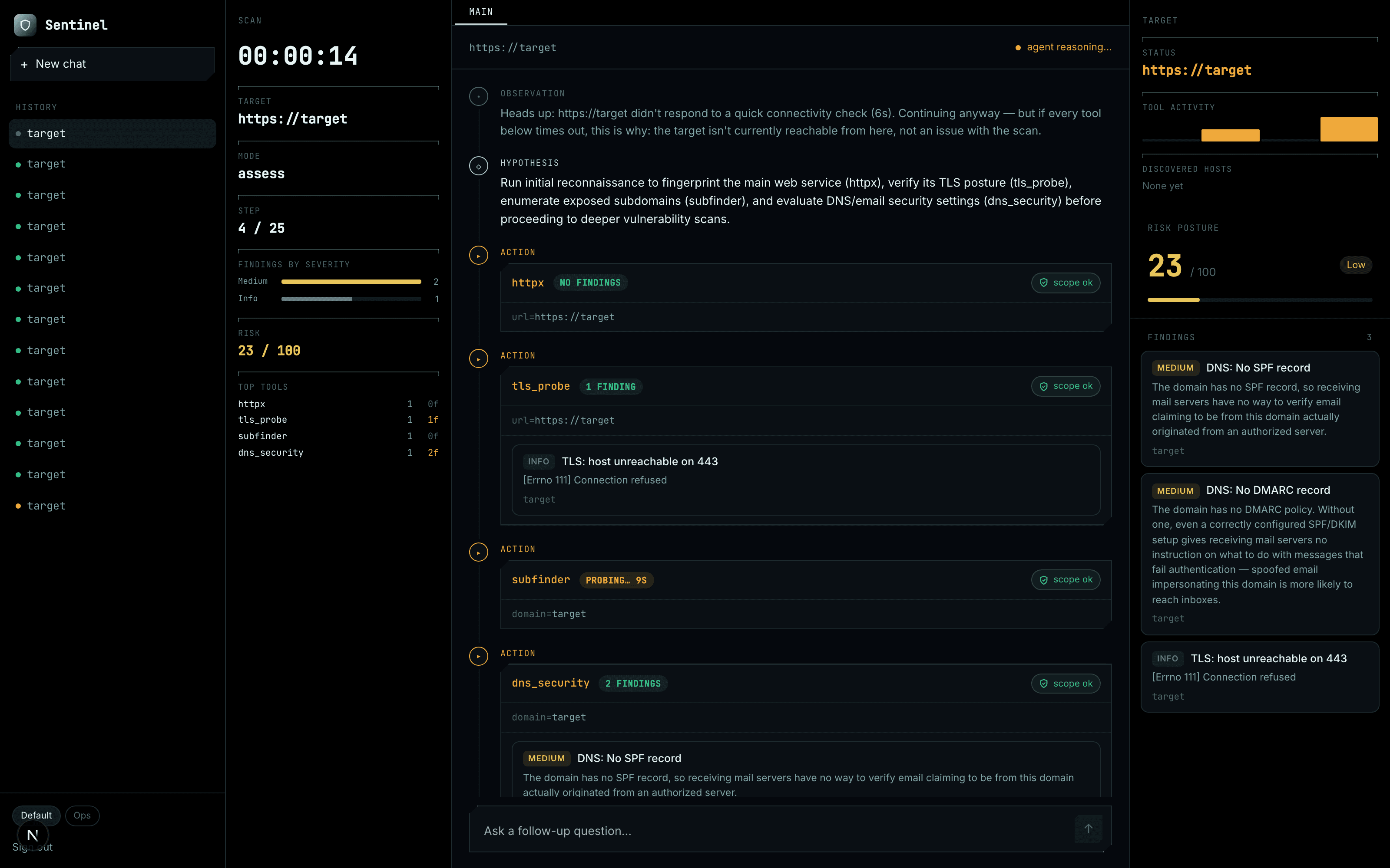 Sentinel's live reasoning stream, mid-assessment: an agent selecting tools, running them, and reporting real findings as it goes